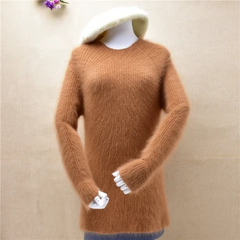 2020 moterų moterų plaukuotas mink kašmyro megztinių o-neck slim dugno ilgas rankovėmis megztinis angoros triušio kailinius žiemą jumper viršūnės