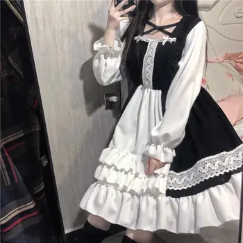 2021 m. Rudenį Moterų Japonijos Minkštas Girl Lolita Cute Medienos Ausis Kontrasto Susiuvimo Prarasti ilgomis rankovėmis Susiėmę Suknelė