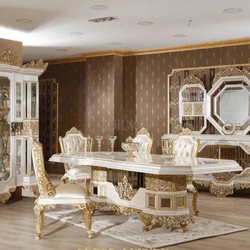 Custom Europos medžio masyvo ilgai valgomojo stalai ir kėdės prabangus aukso folija prancūzijos valdovų rūmuose, valgomojo stalas, valgomojo baldai