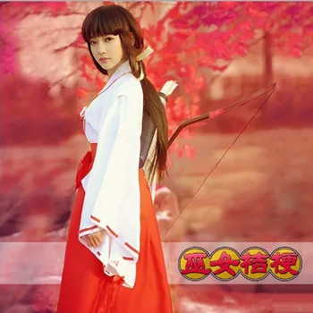 Japonijos Anime Inuyasha Kikyo Kimono, Pilnas Komplektas Cosplay Kostiumas Helovinas Ragana Viršuje+Kelnės+Bowknot+Diržas +Lyno+Kaspinas Apranga C27M288