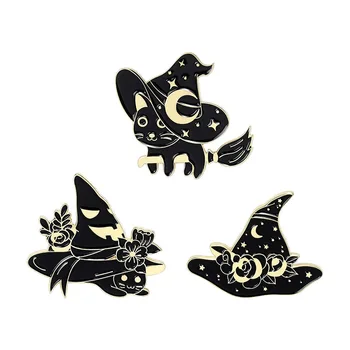 Juodoji magija katė sagė, helovinas wizard hat pin, punk gėlių skrybėlę apdailos ženklelis, didmeninė prekyba, dovanų draugams
