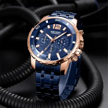 MEGIR Prabanga Mėlyna Laikrodžiai Mens 2020 Naujas, Nerūdijančio Plieno, atsparus Vandeniui Chronograph Kariuomenės Karinių Riešo Laikrodžių Vyrams reloj hombre