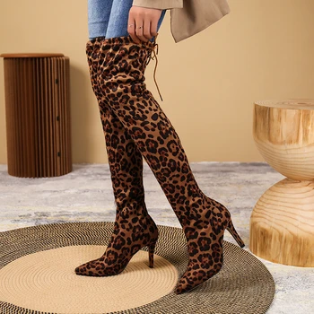 Moterų Plius Dydžio Prabangių Dizainerio Batus Moteris Moterų Over-the-knee Batai Žiemos Mados Leopard 