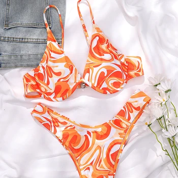 Oranžinė Spausdinti maudymosi kostiumėlis Moterims Seksualus Underwire Bikini 2-Piece Vasaros maudymosi Kostiumėliai, Maudymosi Kostiumą, Ploni Apatiniai Spa Drabužių ASD88