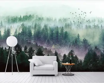 Pasirinktinius nuotraukų sienų tapetai, gražus 3d Šiaurės minimalistinę atmosferą meno samprata fone rūkas, miškų tapetai