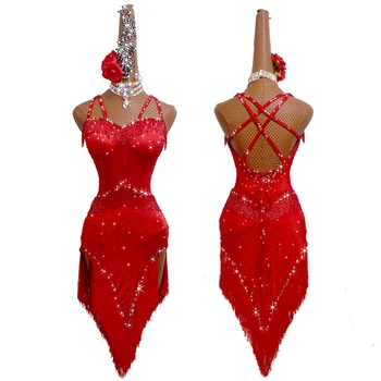 Raudona Lotynų Šokių Konkurencijos Suknelė Moterims Seksualus Pakraštyje Sijonas Chacha Smaba Tango Lotynų Šokio Spektaklis Dress Kostiumai