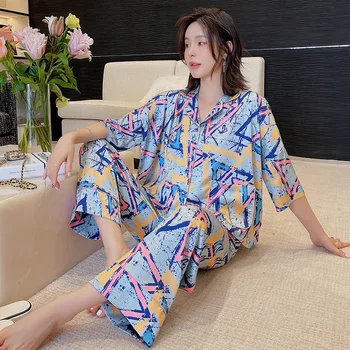 Rudenį naujų mados namų drabužiai moterims imitacija šilko pižama Atvartas kelnės pajama rinkinys