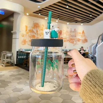 Star Papa 2020 Žalia Prijuostė 600ml Nešiojamų Mason Šiaudų Taurės Lokys Stiliaus Stiklo Puodelis Kavos Puodelio Kavos Puodelis su Dangteliu, su Logotipu