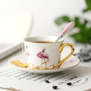 Subtilus rožinis flamingas elementas keraminis kavos puodelį, Rafinuotas, Subtilus aukso krašto popietę teacup
