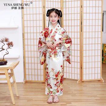 Vaikų Mergaičių Atgal Lankas-Mazgas Japonų Kimono Kostiumai Suknelė Su Obi Maudymosi Chalatai Yukata Vaikams Mergaičių Šokių Mergaičių Kimono